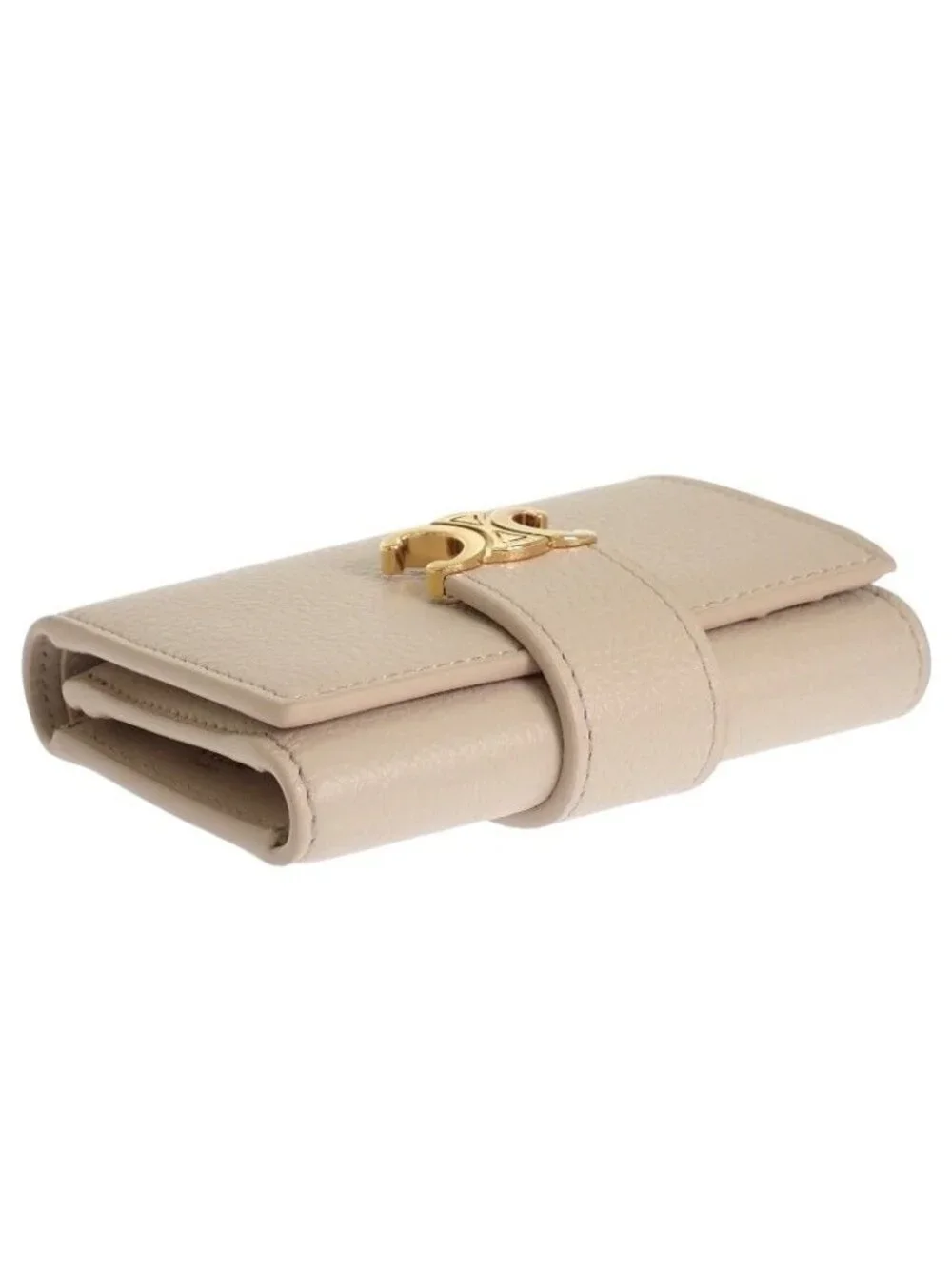 Celine Fine Strap Wallet Trifold Calfskin Beige Cream Triomphe Gold Included
